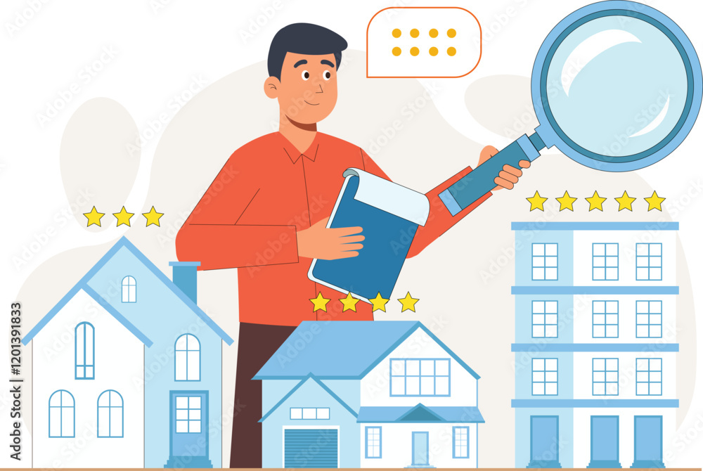 Real Estate Illustration with Property Ratings and Reviews Property listings with ratings, reviews, and star icons displayed alongside.