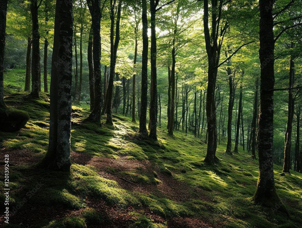 Naklejka premium Sunlit forest with mossy ground and tall trees casting long shadows