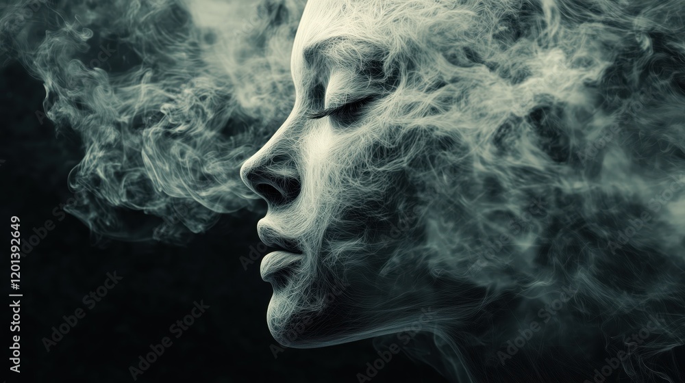 Wisps of mist twist and curl into the faint outline of an ethereal face, floating against the darkness in a dreamlike spectacle. Wisps of mist twist and curl into the faint outline of an ethereal face, floating against the darkness in a dreamlike spectacle.