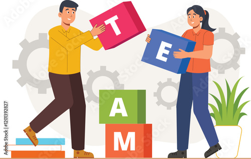 Teamwork Concept Illustration with Blocks and Gears A team assembling blocks and gears, symbolizing collaborative effort and problem-solving in building a system or project.