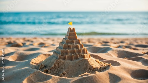 A summer sand castle graces the Mediterranean shore where the ocean meets the coastline photo