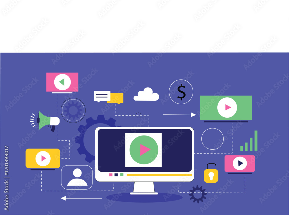 Video Streaming Concept with Media Player and Communication Illustration A media player interface with video content playing, surrounded by interactive communication features like live comments, chat Video Streaming Concept with Media Player and Communication Illustration A media player interface with video content playing, surrounded by interactive communication features like live comments, chat