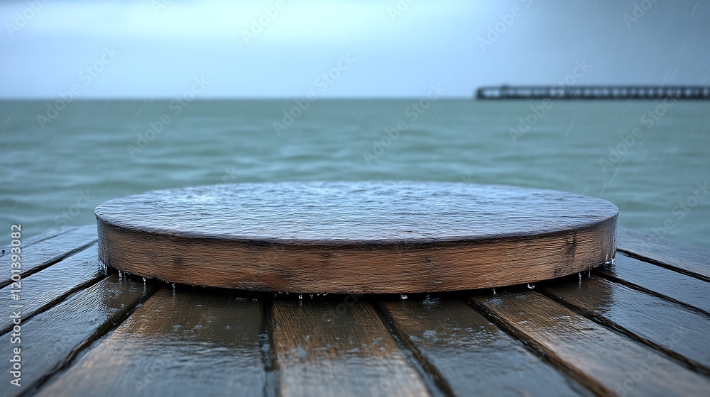Fototapeta premium Rain Water on Wooden Round Table by the Sea