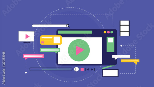 Video Streaming Concept with Player Interface and Social Media Interaction Illustration A video player interface integrated with social media icons, showing interactions like sharing, liking, and comm