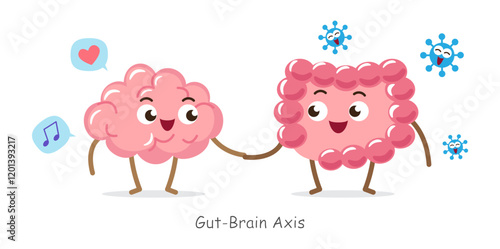 Gut-brain axis . Cartoon character of human brain and intestine . Concept about prebiotics and probiotics relate with brain function . Vector .