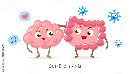Gut-brain axis . Cartoon character of human brain and intestine . Concept about prebiotics and probiotics relate with brain function . Vector .