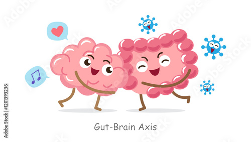 Gut-brain axis . Cartoon character of human brain and intestine . Concept about prebiotics and probiotics relate with brain function . Vector .