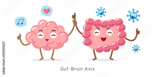 Gut-brain axis . Cartoon character of human brain and intestine . Concept about prebiotics and probiotics relate with brain function . Vector .