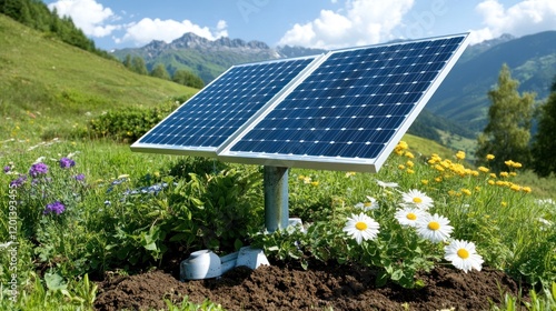 Single solar panel with vibrant alpine wildflowers.