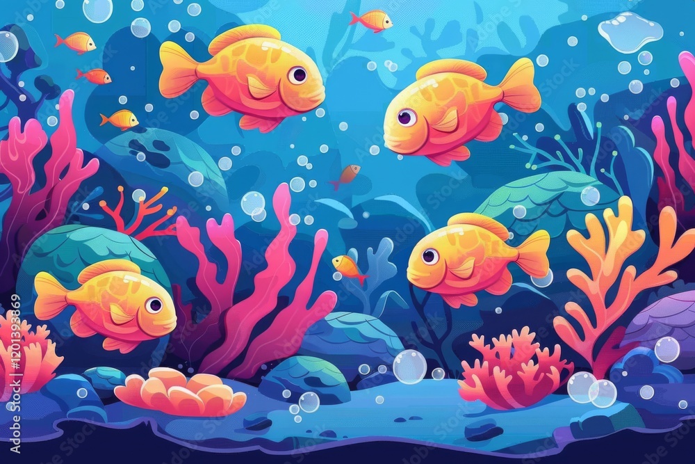 Naklejka premium Ocean world: cheerful fish and seaweed in cartoon style