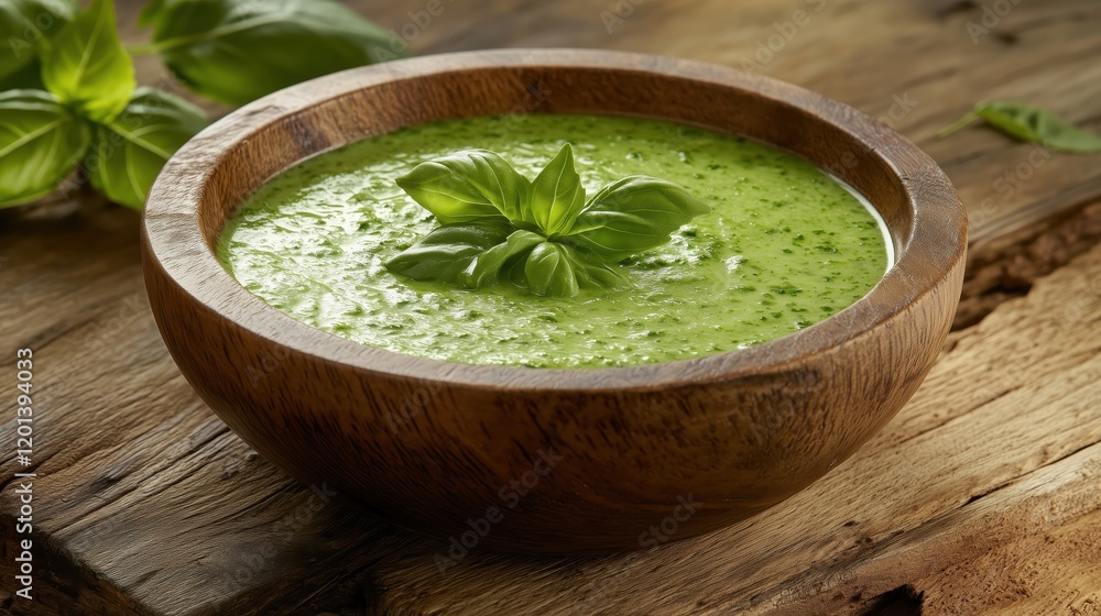 A rustic wooden bowl brims with fresh green pesto sauce, garnished with vibrant basil leaves, set against a warm wooden backdrop. A rustic wooden bowl brims with fresh green pesto sauce, garnished with vibrant basil leaves, set against a warm wooden backdrop.