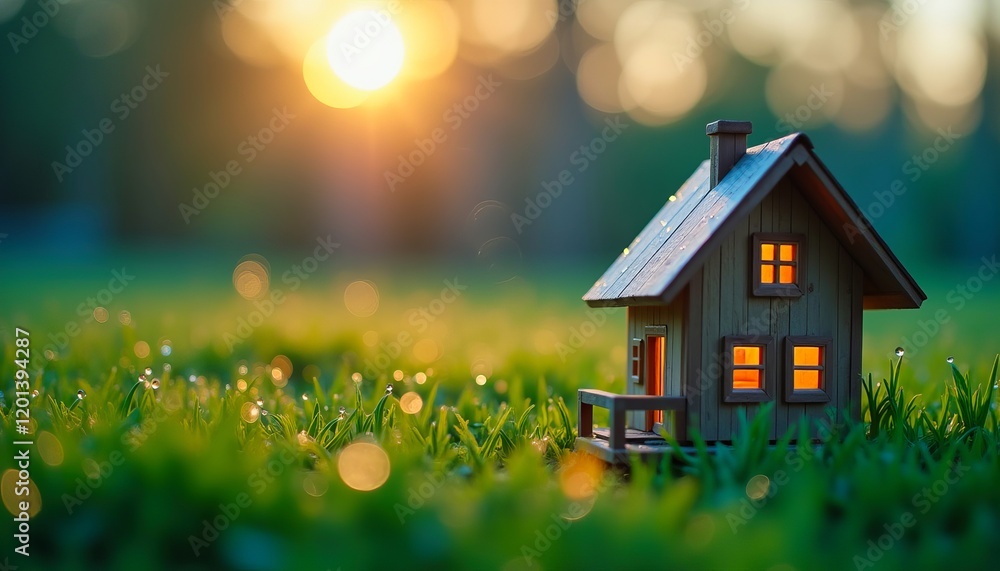 Cozy little house on a dewy lawn at sunset. A perfect image for home, real estate, or nature themes. Cozy little house on a dewy lawn at sunset. A perfect image for home, real estate, or nature themes.