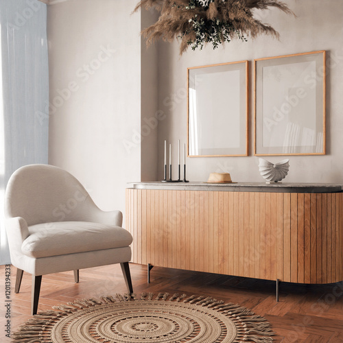 Mockup poster wood two frame in empty picture living room, element interior vertical, on the wall. in illustration 3d render