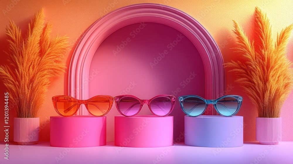 Three stylish sunglasses on pink and purple display stands. Three stylish sunglasses on pink and purple display stands.