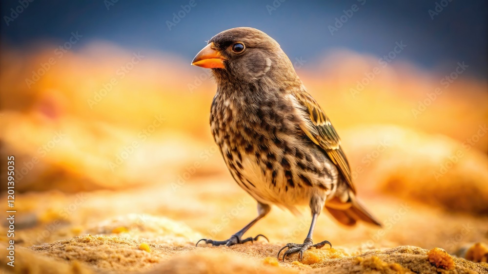 Fototapeta premium Vintage Galapagos photo: A Geospiza fortis medium ground finch on Tortuga Bay's sandy beach, Santa Cruz Island, Ecuador.