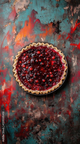 Hyper-quality professionnal photography, ultra detailed, Cranberry Pie with tart cranberry filling and a buttery, flaky crust, captured on a rustic multicolor surface, tangy and fruity high resolution
