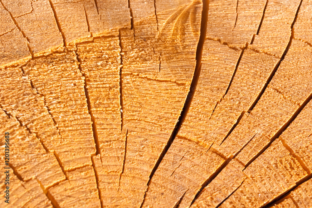 Fototapeta premium Cross-section of spruce trunk, with annual rings and cracks. wood texture