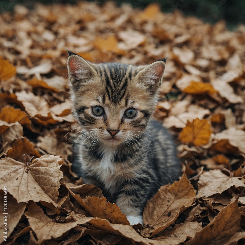 Fototapeta premium A kitten playing in a pile of leaves.