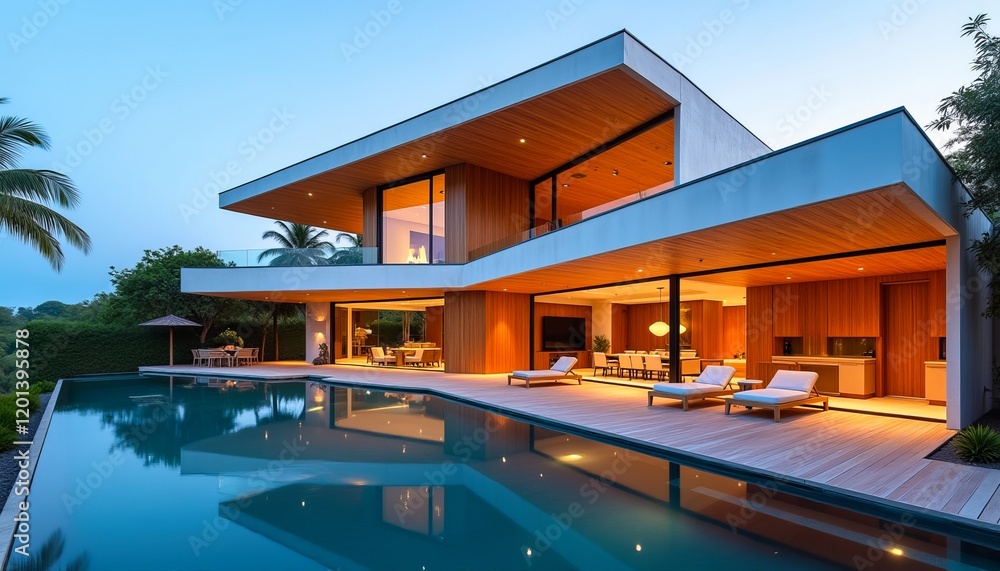 Modern luxury home with infinity pool at dusk. Stunning architecture and serene outdoor living space. Modern luxury home with infinity pool at dusk. Stunning architecture and serene outdoor living space.