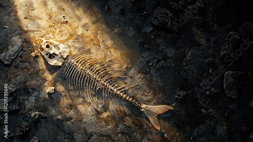 Fossilized fish skeleton embedded in rocky sediment, illuminated with dramatic lighting. The detailed image evokes themes of history, evolution, and paleontology. Generative AI. photo