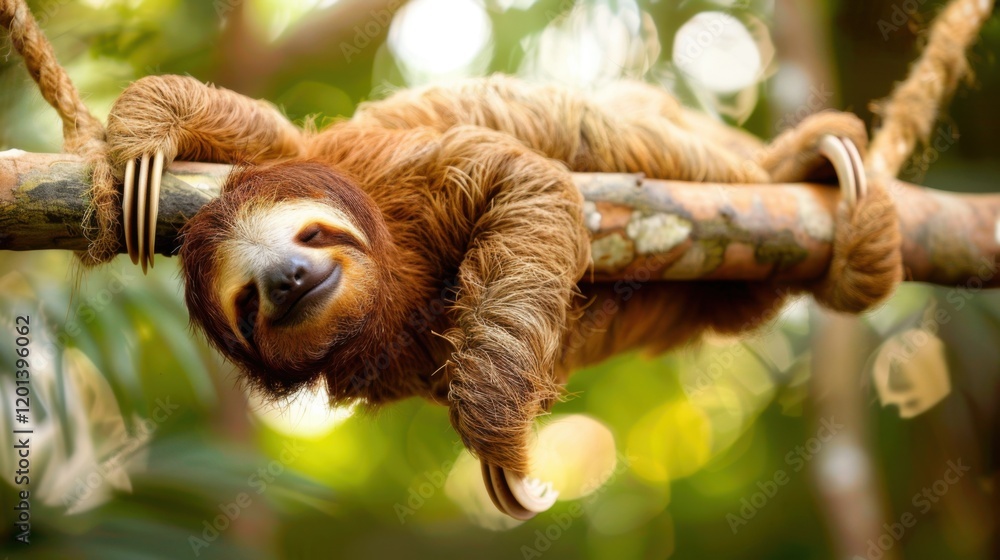 Obraz premium Cute Sloth Hanging on Tree Branch Smiling in Rainforest