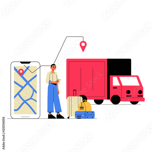 Female Traveler With Luggage Standing Beside A Delivery Truck And Smartphone In Flat Vector Illustration Symbolizing Travel, Navigation, And Transportation, Isolated On White Background