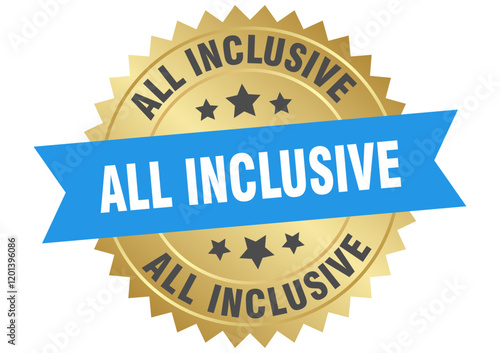 all inclusive. all inclusive round blue and gold label isolated on transparent background