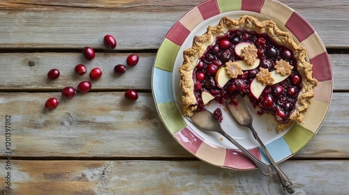 Hyper-quality professionnal photography, ultra detailed, Apple Cranberry Pie with tart cranberries and sweet apples, styled on a rustic multicolor plate, tangy and sweet high resolution