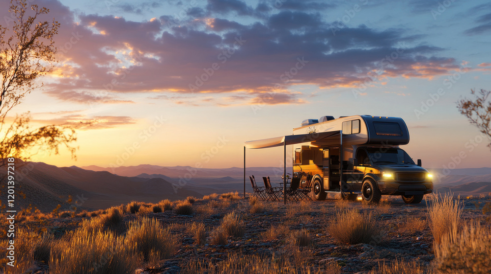 Fototapeta premium Stylish RV with Mountains and Sunset Backdrop