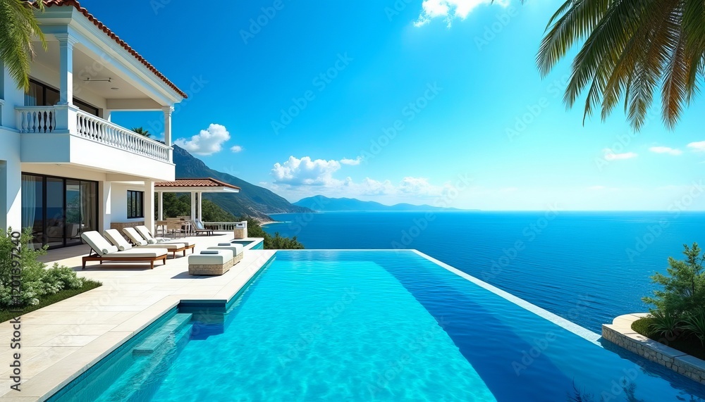 Fototapeta premium Luxury villa with infinity pool overlooking the ocean. Stunning coastal view, perfect for relaxation and vacation.
