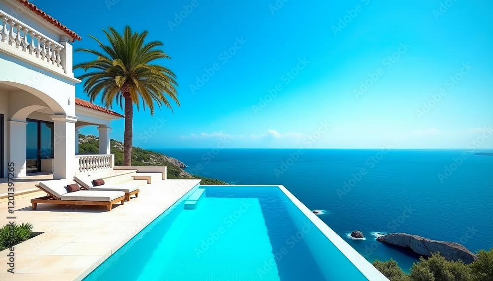 Fototapeta premium Luxury villa with infinity pool overlooking the ocean. Stunning view, perfect vacation spot.