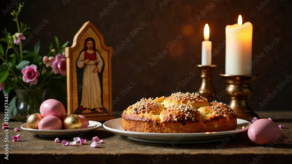 Fototapeta premium Traditional Easter setup: an icon, lit candles, and freshly baked cakes on a wooden table, evoking the atmosphere of a sacred holiday.