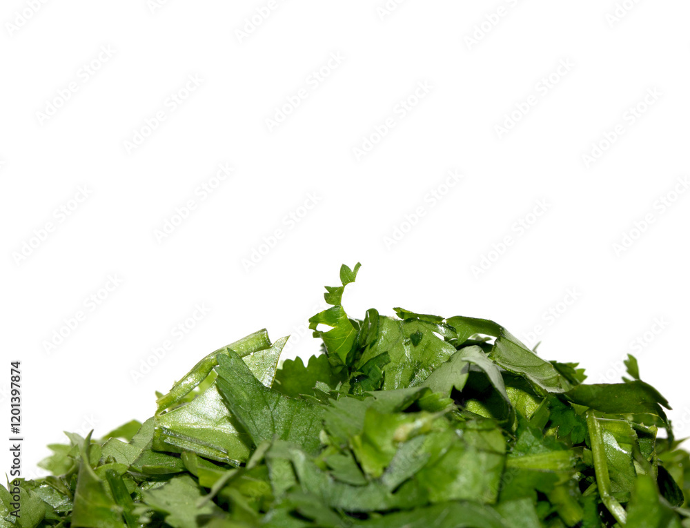 Close up of chopped basil herb on white background Close up of chopped basil herb on white background