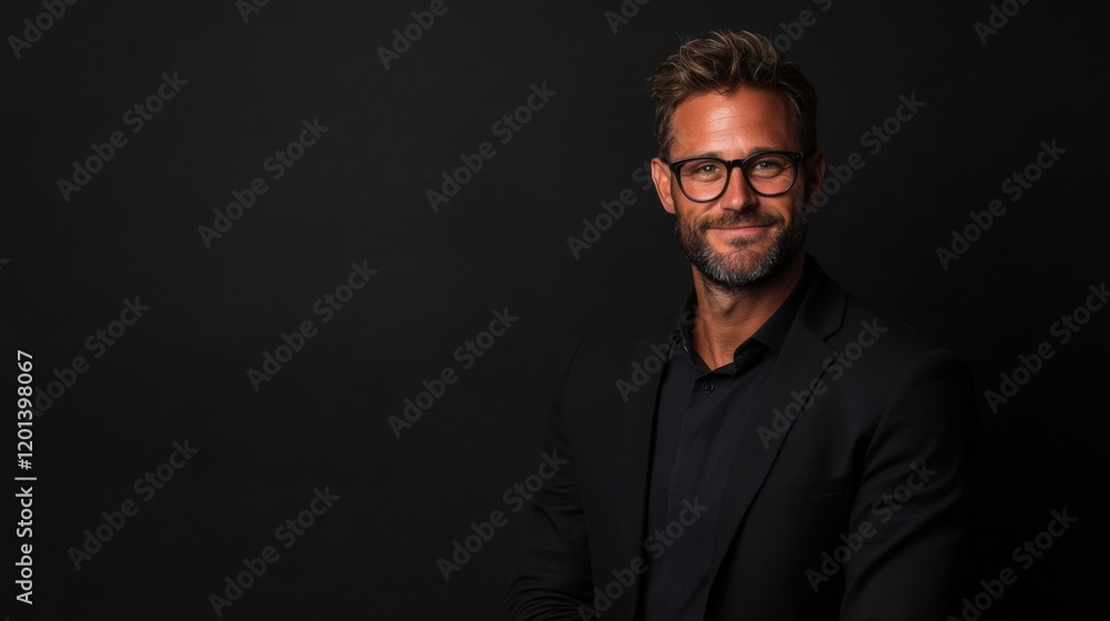 Confident Professional Man in Stylish Outfit with Glasses Posing Against Dark Background in Studio for Corporate and Modern Portrait Photography Confident Professional Man in Stylish Outfit with Glasses Posing Against Dark Background in Studio for Corporate and Modern Portrait Photography