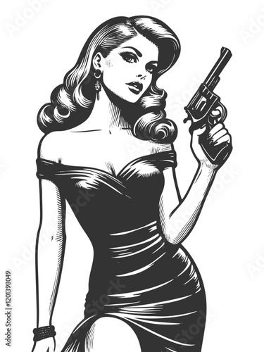 femme fatale holding a revolver, showcasing a confident and seductive expression sketch engraving generative ai fictional character vector illustration. Scratch board imitation. Black and white image.