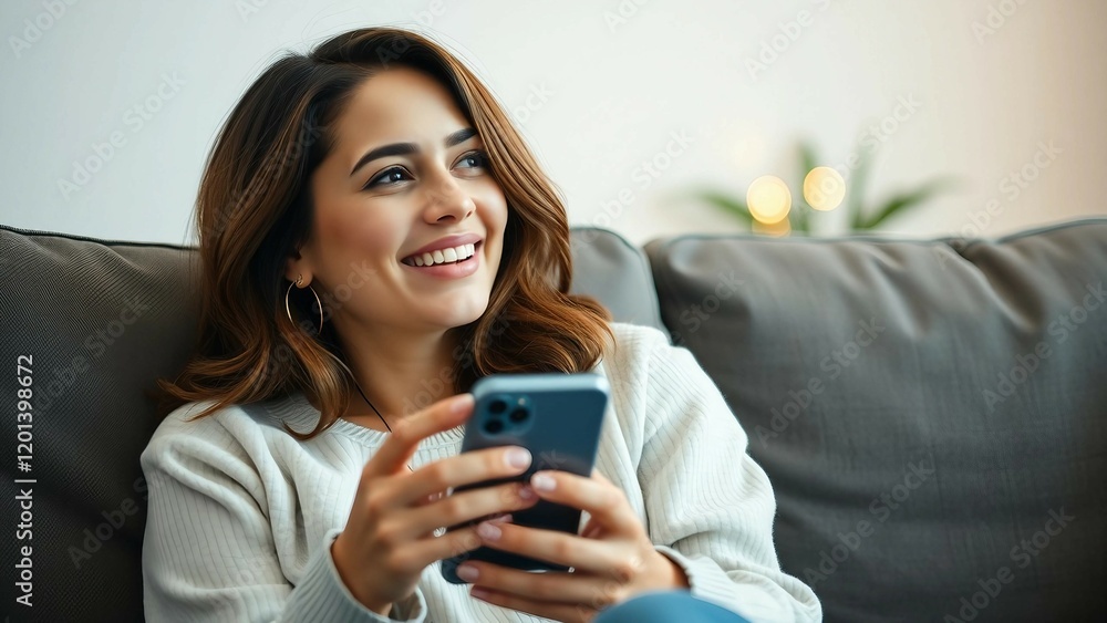 Thoughtful woman smiling on sofa holding mobile phone and looking away Thoughtful woman smiling on sofa holding mobile phone and looking away