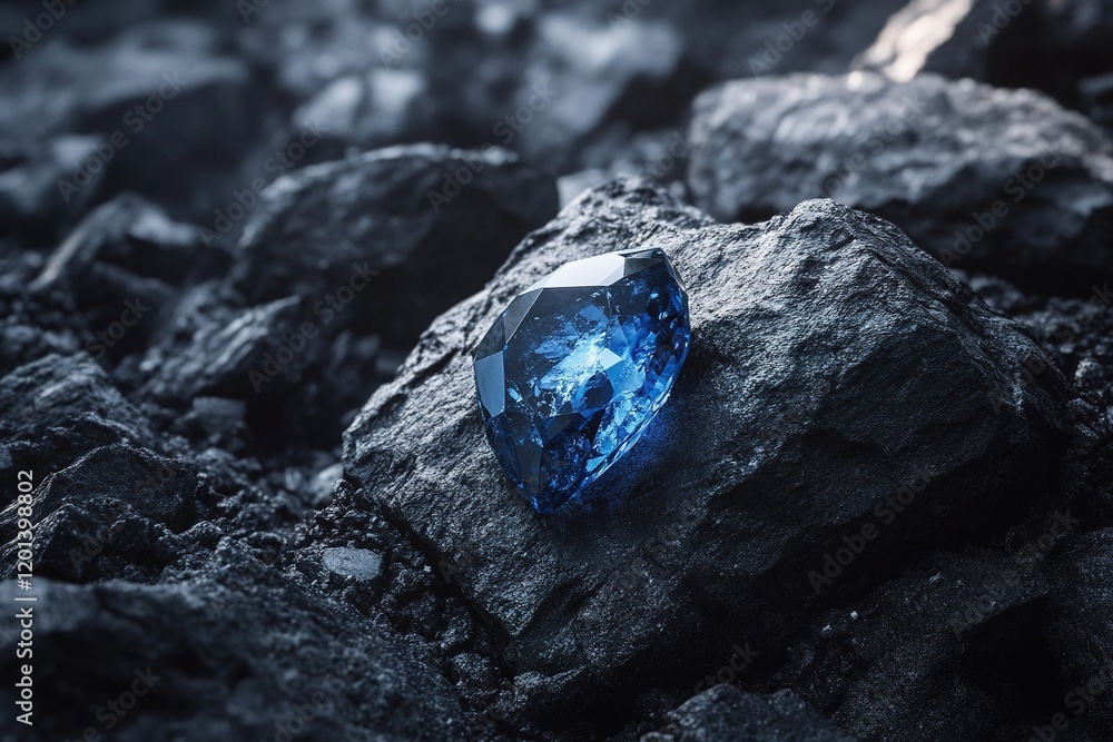 A blue sapphire resting on dark gray coal illum A blue sapphire resting on dark gray coal illum