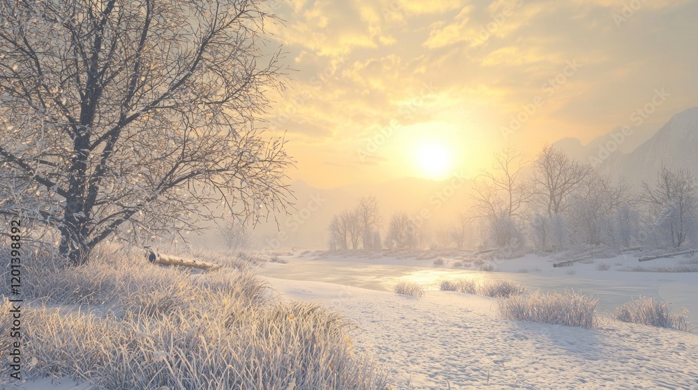 Winter Sunrise over Frosty River Landscape Winter Sunrise over Frosty River Landscape