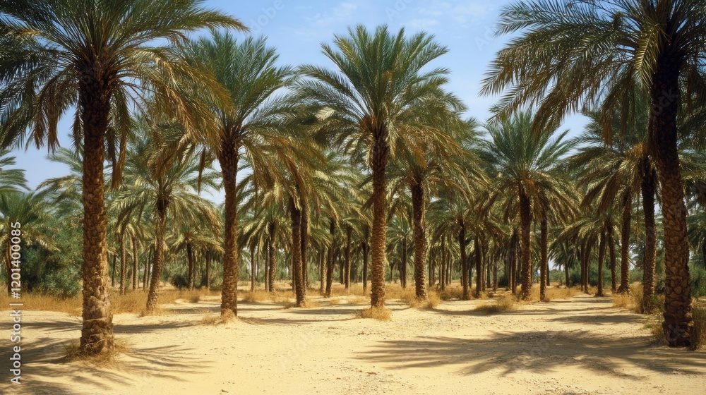 Lush Date Palm Grove Under a Bright Sunny Sky Lush Date Palm Grove Under a Bright Sunny Sky
