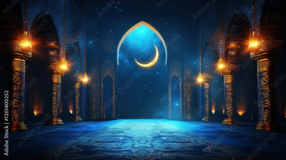 Majestic Mosque Interior Illuminated by Night Sky and Crescent Moon Majestic Mosque Interior Illuminated by Night Sky and Crescent Moon