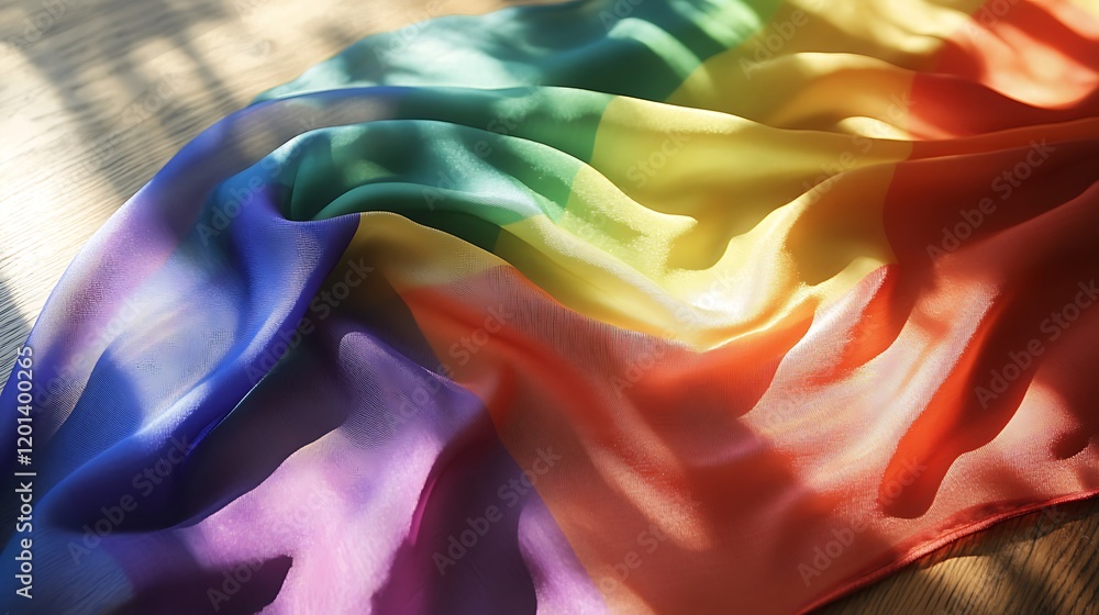 Obraz premium A glossy oak desk with a bright rainbow scarves tucked nicely