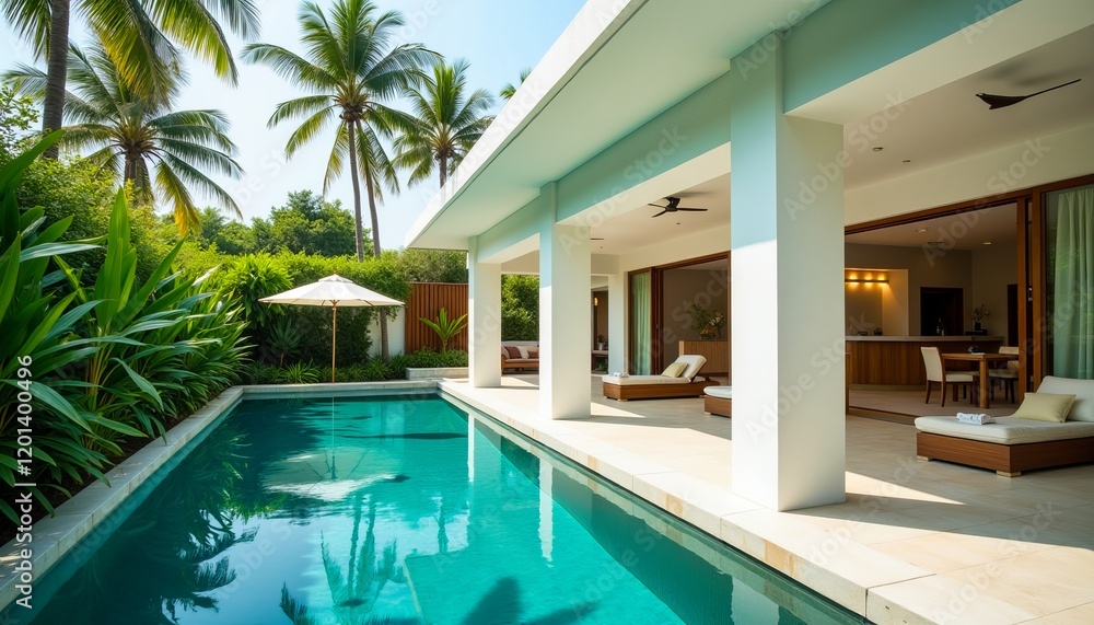 Luxury villa with private pool and lush tropical landscaping. Relax and enjoy the tranquil ambiance.