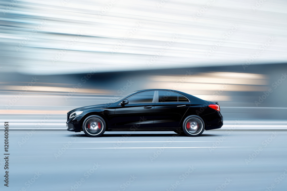 Luxury black car speeding on a modern urban street in motion blur Luxury black car speeding on a modern urban street in motion blur