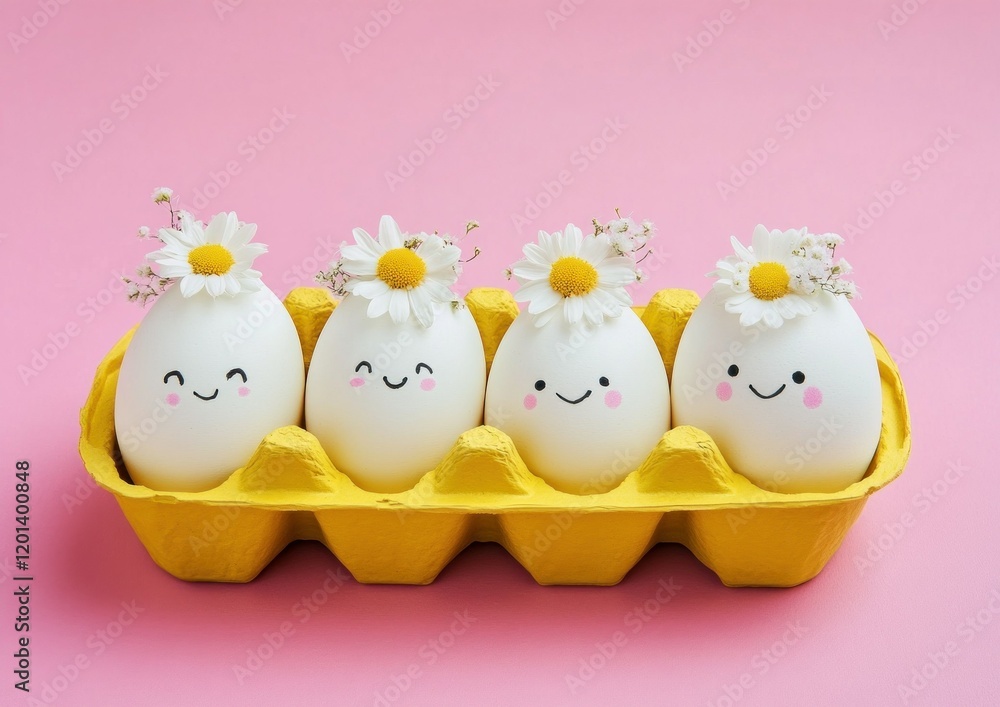 A yellow egg carton with six decorated white eggs A yellow egg carton with six decorated white eggs
