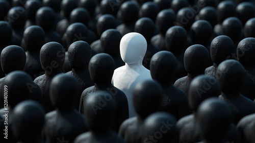 A single white figure stands prominently amidst rows of identical black figures, its bright contrast symbolizing individuality in a world of conformity.