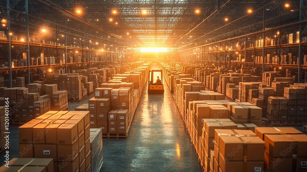 Large warehouse interior, logistics and distribution, boxes on shelves, a scene of transport and storage, efficient and organized, great for business themes. Large warehouse interior, logistics and distribution, boxes on shelves, a scene of transport and storage, efficient and organized, great for business themes.