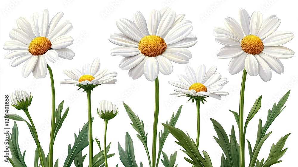 Fototapeta premium A vibrant display of white daisies with yellow centers arranged in a row against a clean background