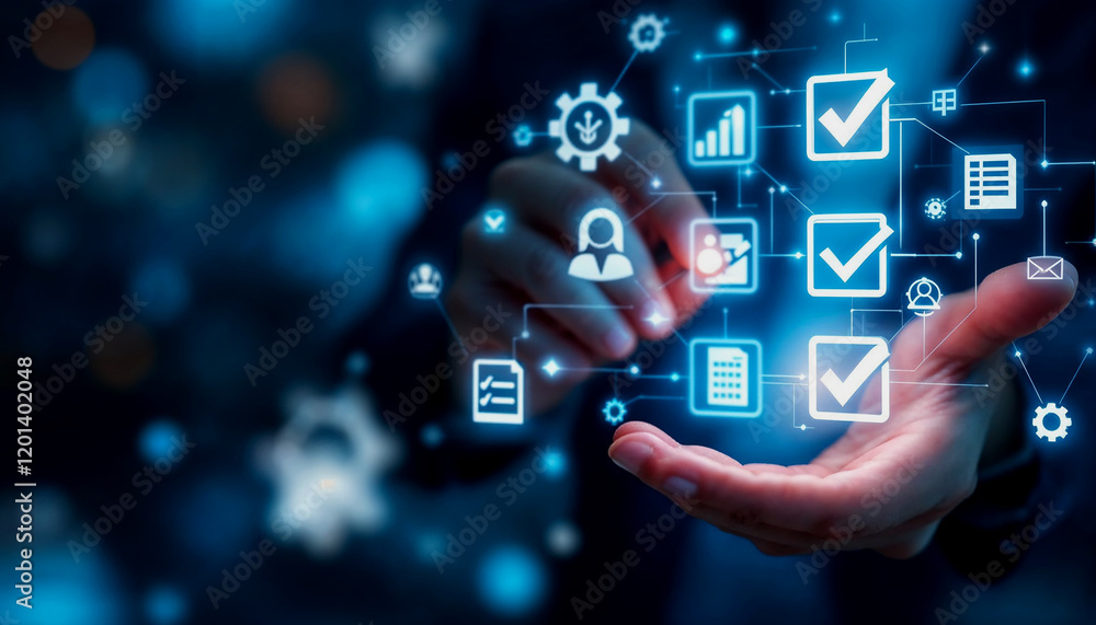 Hand selecting checklist items on a futuristic interface Hand selecting checklist items on a futuristic interface