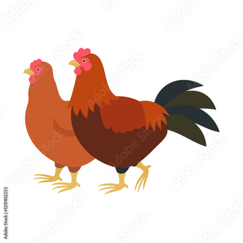 茶色の雌鶏と雄鶏。フラットなベクターイラスト。
Brown hen and rooster. Flat vector illustration.