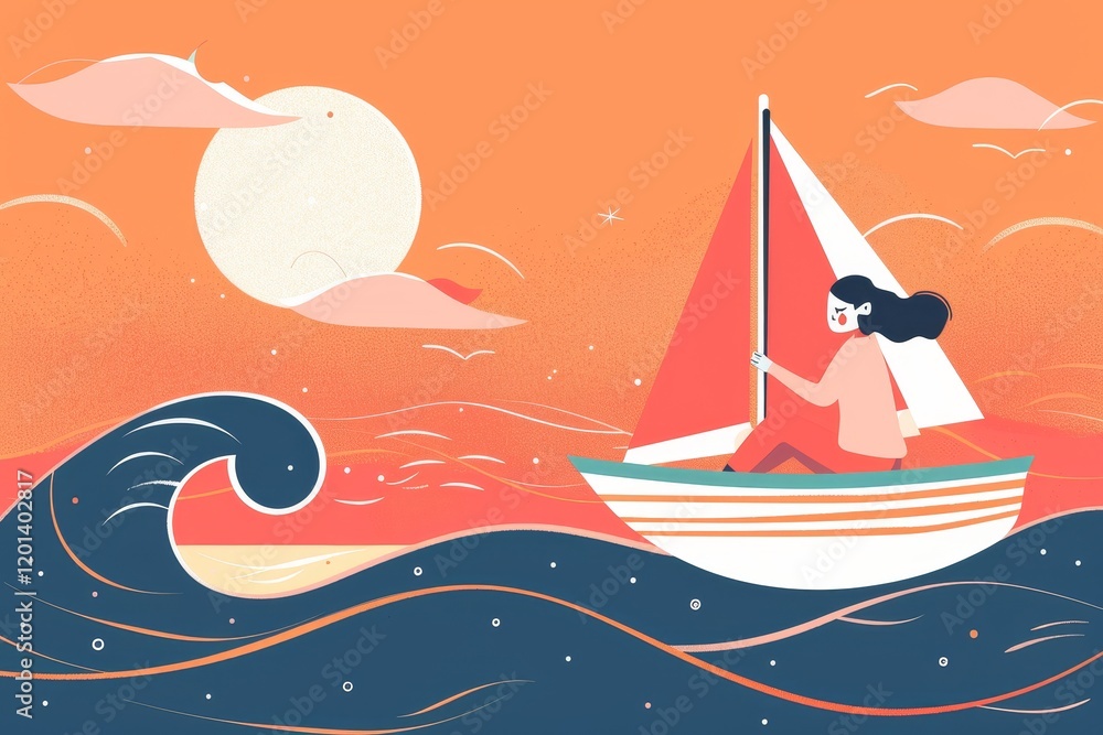 Naklejka premium A serene illustration of a person sailing on the ocean at sunset, evoking tranquility and adventure.